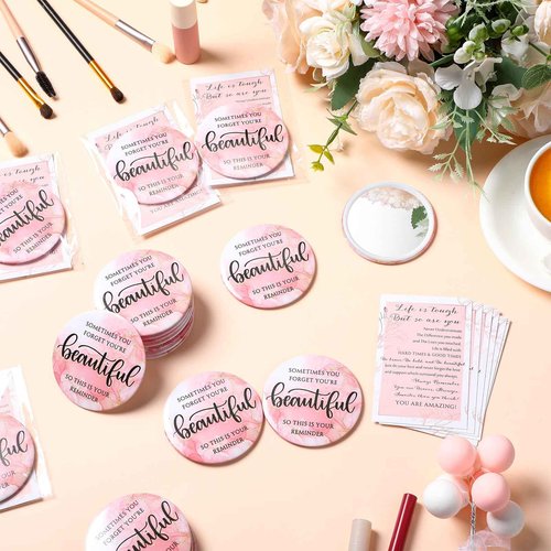 Cinnvoice 50 Pcs Inspirational Mini Compact Mirror Bulk for Women Christmas Pink Pocket Gifts Portable Round Purse Mirrors Thank You Reminder Gift for Coworker Employee Staff Nurse