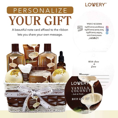 Gifts For Women Gift Basket for Women– 9 Piece Set of Vanilla Coconut Home Spa Set, Includes Fragrant Lotions, Extra Large Bath Bombs, Coconut Oil, Luxurious Bath Towel & More