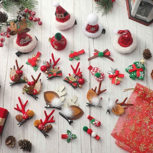 Yuxung 35 Pcs Christmas Hair Clips Reindeer Antlers Mini Sequins Santa Hat Hair Barrettes Holiday Small Jewelry Candy Bags Christmas Organza Gift Bags with Drawstring for Women Girls Party Wedding