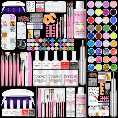 SAVILAND Acrylic Nail Kit with Drill: Professional Nail Kit Acrylic Set for Beginners with Everything Gel Polish U V Light Decorations for Home Salon Gift Set