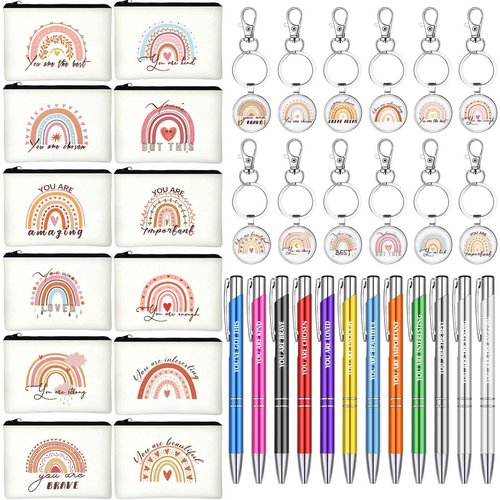 Chunful 36 Pcs Rainbow Canvas Makeup Bags Inspirational Gifts Bulk Keychains and Pastel Pens Motivational Cosmetic Bag for Women Appreciation Gifts Birthday Party Favors