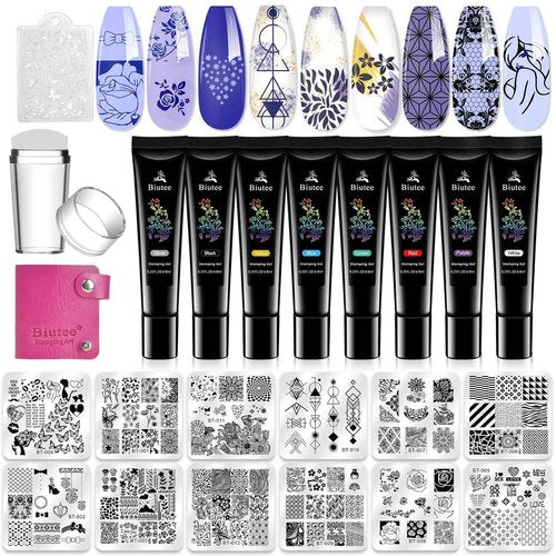 Biutee Nail Stamper Kit 12Pcs Nail Stamping Plate 8Pcs Stamping Gel Polish Nail Stamping Kit with Silicone Stamper Scraper Storage Bag Lace Plaid Stamp Template Christmas Gift for Women