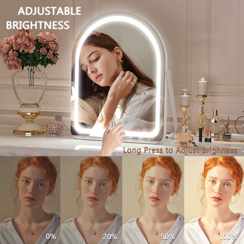 Hasipu Vanity Mirror with Lights, 11"× 14" Arched LED Makeup Mirror, Lighted Makeup Mirror with Lights, Smart Touch Control Dimmable 3 Modes Light 360°Rotation White