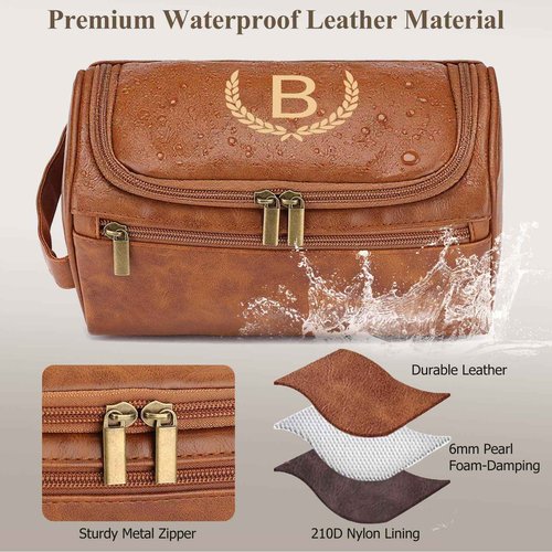 OXYEFEI Personalized Toiletry Bag for Men,Personalized Gifts for Men,Engraved Initial PU Leather Mens Toiletry Travel Shaving Travel Essentials Toiletries Bag for Him Birthday (H, Brown)