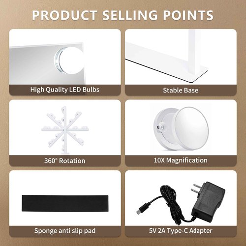 NUSVAN Vanity Makeup Mirror with Lights,3 Color Lighting Modes Detachable 10X Magnification Mirror Touch Control,360°Rotation, White (14.6Inch)