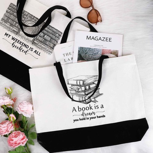 Locmeo 12 Pcs Book Club Gifts Book Tote Bag for Book Lovers Reading Quote Tote Bag Makeup Bag Reusable Cosmetic Bag with Metal Zipper Bookish Librarian Gifts for Women