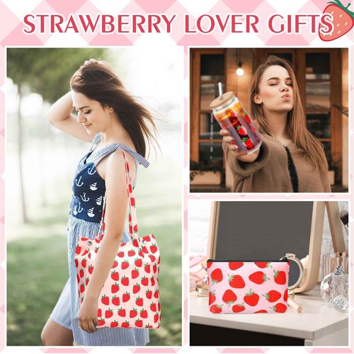 Bulyoou Strawberry Gift Set, Included 16oz Glass Cups with Lids and Straws Waterproof Travel Bag Pouch Strawberry Makeup Bag and Corduroy Tote for Women Christmas Birthday Mothers Day