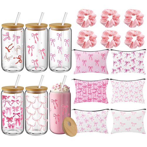 Reallnaive 18 Pcs Pink Bow Glass Cups with Lids Coquette Bow Cosmetic Makeup Bag Pink Hair Scrunchies Ties for Women Birthday Wedding Gift Bridesmaid Bridal Valentines Christmas