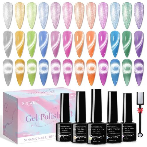 SUPWEE 12 Colors Cat Eye Gel Nail Polish - Macaron Candy Magnetic Nail Polish Gel Set Summer Spring Cateye UV Lamp Cure Require DIY Salon Home Gift