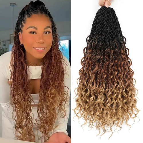 Senegalese Twist Crochet Hair - 8 Packs Boho Island Twist Crochet Hair with Curly Ends 16 Inch Pre Looped Goddess Crochet Twist Hair Extensions for Black Women (16 Inch(8 Packs), 1B/30/27)