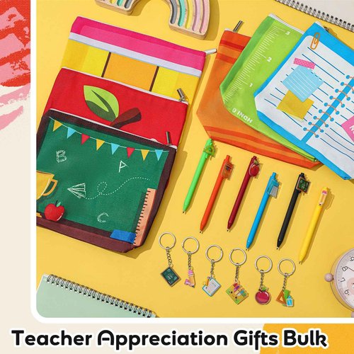 Sunnymove Teacher Appreciation Gifts in Bulk Makeup Bag with Pen Keychain Teacher Thank You Gifts Cosmetic Bag Pouch for Women Employee Coworkers Team Supplies(Multi-styles)