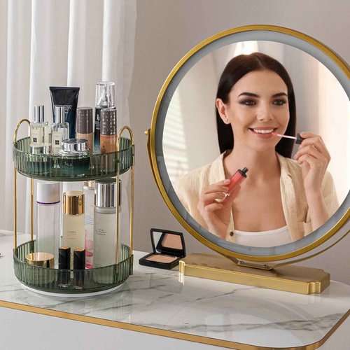 Makeup Organizer for Vanity, 360° Rotating Bathroom Organizer Countertop, High-Capacity Skincare Organizer, Spinning Cosmetics Organizer for Dresser Countertop (2 Tiers, Green)