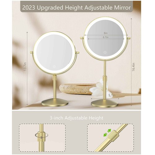 MIROAMZ 8" Lighted Makeup Mirror, 1X/10X Magnification, Double Sided Dimmable, Rechargeable & Height Adjustable, Cordless Vanity Mirror (Gold)