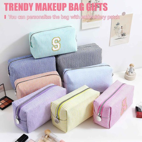 Giesiery 8 Pack Seersucker Makeup Bags - Large Capacity Travel Cosmetic Organizer for Women, Preppy Toiletry Pouch for Skincare Brushes & Beauty Accessories, Bulk Wedding Bridesmaid Gifts