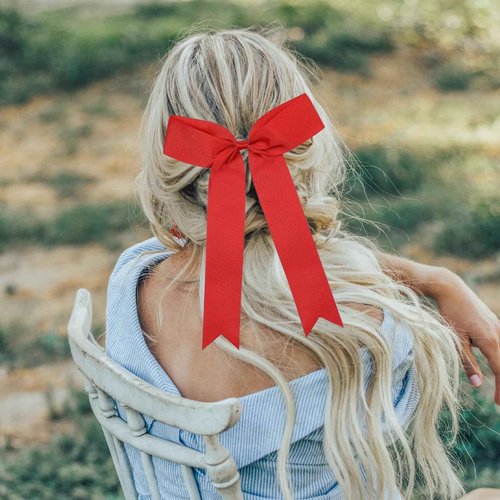 chiduerm 40Pcs Long Tail Skinny Cheer Bows Elastic Bands Handmade Grosgrain Ribbon Bows Collegiate Ponytail Holder for Girls Cheerleaders College Sports (red)