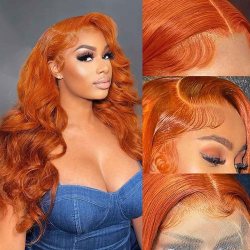 KTOOYKE Ginger Orange 13x6 HD Lace Front Wig Human Hair Pre Plucked 200% Density Body Wave 13x6 HD Lace Frontal Wigs for Women 350# Colored Human Hair Wig 22inch