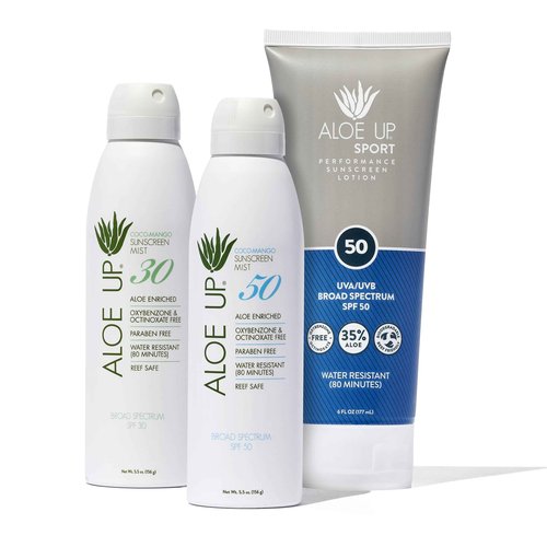 Aloe Up White Collection Sunscreen Spray SPF 50, White Collection Sunscreen Spray SPF 30, and Sport Sunscreen Lotion SPF 50 - Bundle with Face and Body Sunscreen Protector - Reef Friendly - 3 Items