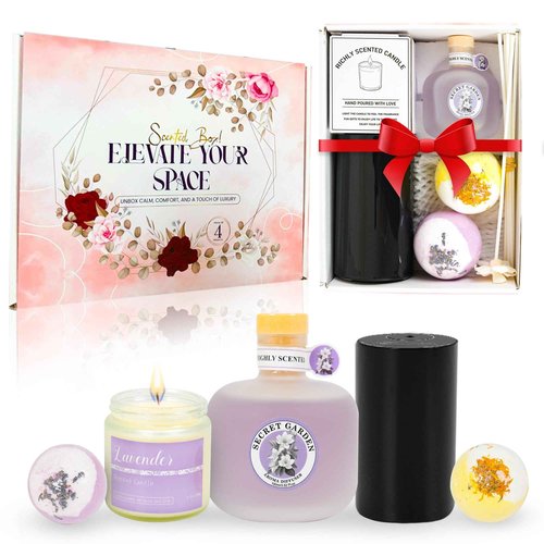 Complete Gift Box for Women Includes Bath Bombs, Candle, Reed Diffuser & Waterless Diffuser Relaxing Self Care Package Spa Gift Basket for Mom, Wife, Sister, Friend Birthday Anniversary, Holidays