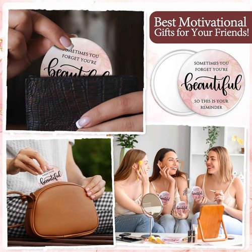 Cinnvoice 50 Pcs Inspirational Mini Compact Mirror Bulk for Women Christmas Pink Pocket Gifts Portable Round Purse Mirrors Thank You Reminder Gift for Coworker Employee Staff Nurse