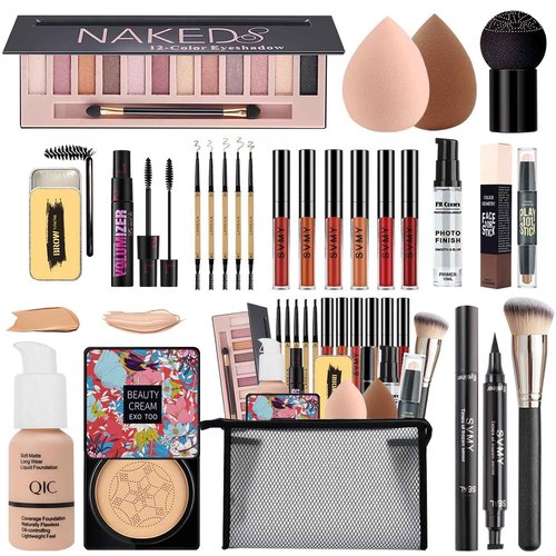 All in One Makeup Kit for Women Full Kit, Travel Makeup Gift Set for Women Teens Girls, Includes Eyeshadow Foundation Primer CC Lipsticks Mascara Brush Sponge Brow Pencil Soap Eyeliner Contour Bag