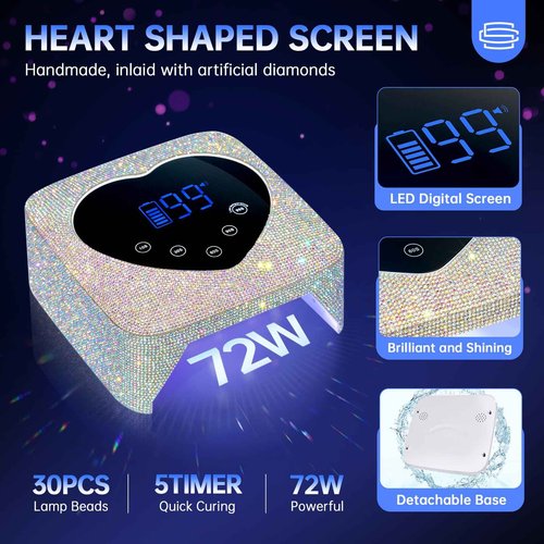 CHRISTINE SHELLY UV LED Nail Lamp 72W Rechargeable Sparkly Wireless Nail Dryer Gel Polish Light with 5 Timer Setting Professional Quick Dry Curing Lamp with Display Auto Sensor for Salon & Home