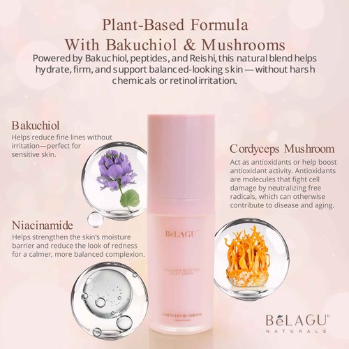 BeLagu Collagen Boosting Night Cream with Bakuchiol & Adaptogenic Mushrooms - Natural Retinol Alternative Moisturizer for Firming, Smoothing & Stress Defense - Vegan Skincare Face Cream (1 fl oz)