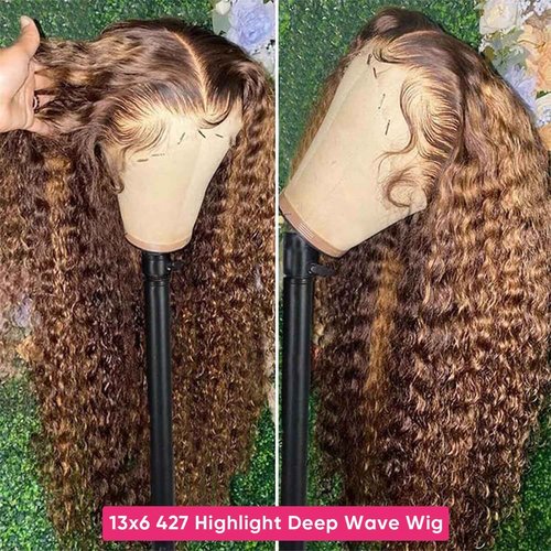VNFM Honey Blonde Ombre Lace Front Wig Human Hair 13x6 HD Highlight Deep Wave Lace Front Wigs Human Hair Pre Plucked 200% Density 4/27 Colored Curly Frontal Wigs for Women 24 Inch