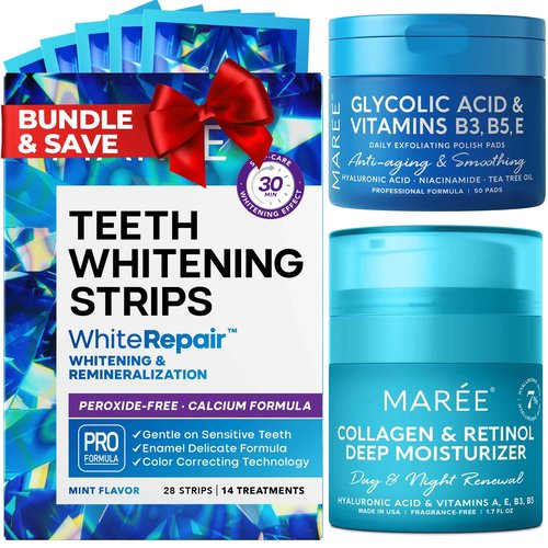 MAREE Bundle - Dental Care Kit, Glycolic Acid Peel Pads & Face Moisturizer - Teeth Whitening Strips with Calcium Formula & Mint Flavor - Collagen & Hyaluronic Acid, Retinol - Salicylic Acid
