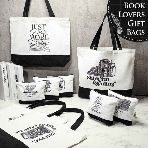 Locmeo 12 Pcs Book Club Gifts Book Tote Bag for Book Lovers Reading Quote Tote Bag Makeup Bag Reusable Cosmetic Bag with Metal Zipper Bookish Librarian Gifts for Women