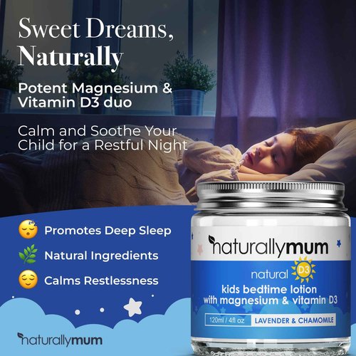 NaturallyMum - Magnesium Body Lotion Bundle for Mum and Kids - Support for Sleep, Heart, Bone, Nerve, Gut and Muscle Health - Adult Lavender - Kids Vitamin D Lavender & Chamomile - 2 x 4 fl oz