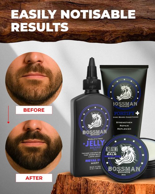 Bossman Essentials Beard Kit for Men, Set of 3 - Beard Oil Jelly, Fortifying Conditioner Cream, Beard Balm - Grooming Growth Care Accessories - Gift Set for Men (Gold)