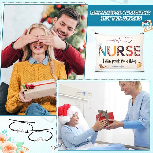 Yinkin 32 Pcs Nurse Appreciation Gift 2025 for Nurse Week 16 Canvas Makeup Cosmetic Bags Survival Kit and 16 Blessing Card Bracelets, Christmas Medical Staff Practitioner Gift for Women(Retro)