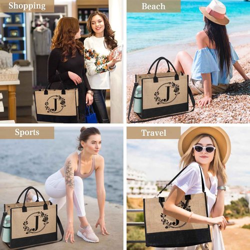 Personalized Gifts for Women, Initial Jute Tote Bag Beach Bag Makeup Bag, Monogrammed Birthday Gifts Tote Bag for Mom Women Her