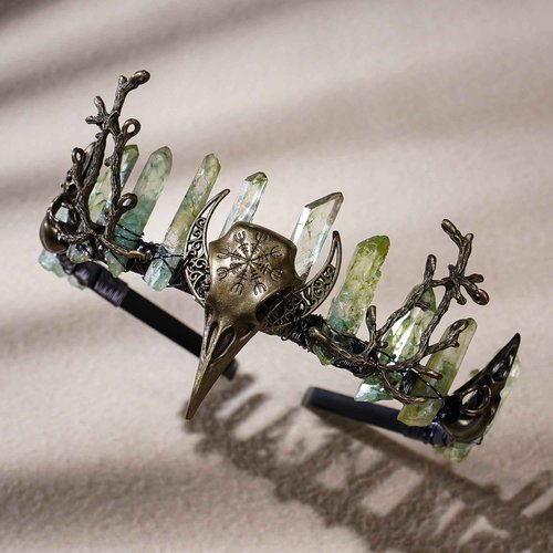 CoTeeZa Green Fairy Crystal Crown - Handmade Raw Quartz Tiara with Bronze Crow Branch Moon Elf Headpiece Fantasy Forest Witch Crown Wedding Renaissance Halloween Cosplay Woodland Headband