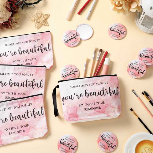 Beeveer 20 Sets Pink Thank You Gifts for Women, Makeup Bags and Compact Mirrors, Christmas Inspirational Gifts for Teacher Employee, Sometimes You Forget You're Beautiful Set for Holiday, Thanksgiving