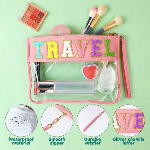 Abbylike 6 Pcs Chenille Letter Clear Zipper Pouch Summer Waterproof Cosmetic Pouch Travel Gym Beach Hawaii Bag Travel Patch Purse Makeup Letter Bag for Women Girls, 6 Colors(Charming Colors,Stylish)
