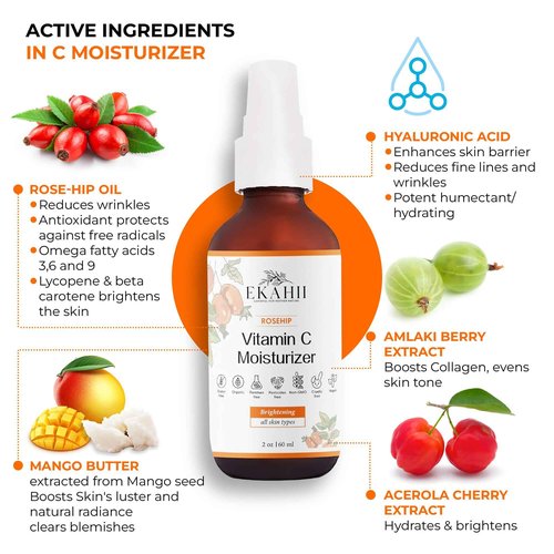Vitamin C Face & neck moisturizer, Dark Spot Remover, Vit C Serum w Hyaluronic Acid, Rosehips, Noni, Amalaki, Orange, Acerola Cherry, Mango Butter- Anti Aging & Skin Brightening - Ayurvedic