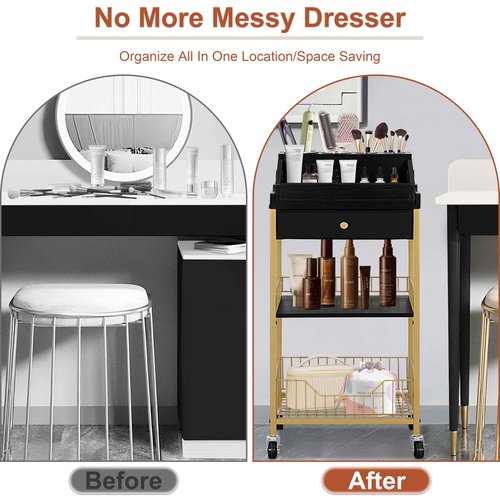 NauwaBarn Large Makeup Organizer Cart with Hair Tool Holder, Rolling Makeup Cart with Drawer, 2-in-1 Vanity Organizer Cosmetic Display Cases for Skin Care Perfume Nail Polish Brush Tools, Gold & Black