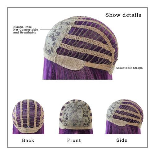 7JHH WIGS Dark Purple Wig With Bang For Women 23in Long Straight Synthetic Wig For Girl Emo Cosplay And Daily Use