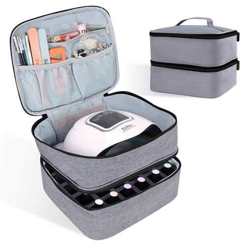ALSLEA Nail Polish Organizer Holds 30 Bottles (15ml - 0.5 fl.oz) Double-layer Gel Nail Polish Kit Carrying Case, Nail Holder for Nail Lamp, Portable Nail Organizer and Storage for Nail Supplies (Gray)