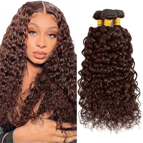 Fabimiya 10 12 14 Inch Human Hair Bundles Brown 4# Water Wave Bundles Human Hair Unprocessed Soft Sewn In Hair with Double Weft for Black Women