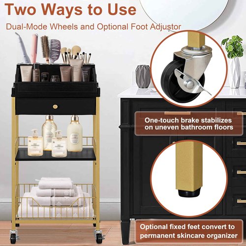 NauwaBarn Large Makeup Organizer Cart with Hair Tool Holder, Rolling Makeup Cart with Drawer, 2-in-1 Vanity Organizer Cosmetic Display Cases for Skin Care Perfume Nail Polish Brush Tools, Gold & Black