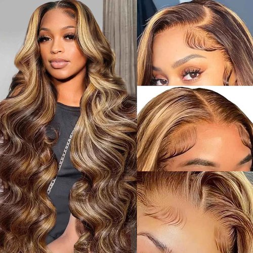 Goldfinch 4/27 Highlight Ombre Lace Front Wigs Human Hair 28 Inch 13x4 HD Transparent Body Wave Honey Blonde Wigs Human Hair 180% Density Pre Plucked Glueless Wigs for Women