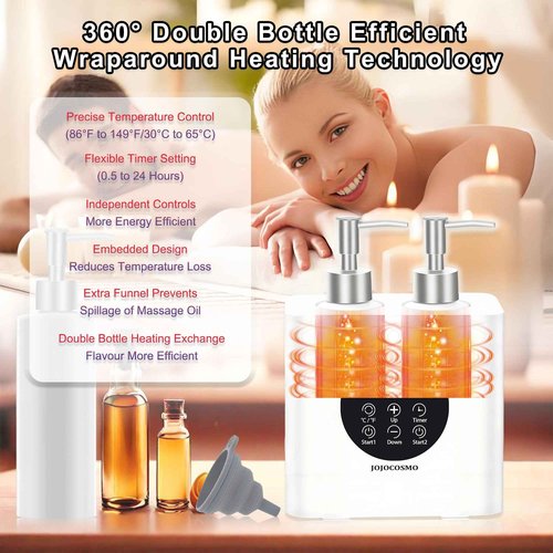 JOJOCOSMO New Dual Control Massage Oil Warmer with Four Body Liquid Bottle Dispensers, Shampoo Heater Form 86 to 149 ℉, Reserve Heating time, for Salon, Home,SPA Essential Oil Lotion Warmer