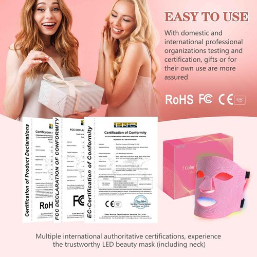Led Face Mask Light Therapy,Red Light Therapy for Face and Neck,7 Colors LED Facial Skin Care Mask,5 Level Brightness Adjustment,309 LED Beads Can Be Used at Home,Pink
