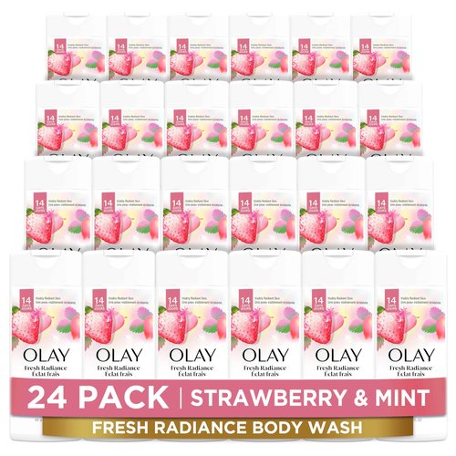 Olay Body Wash for Women, Fresh Radiance, Refreshing & Renewing, Made with Plant Based Cleansers, B3 Botanical Complex, For All Skin Types, Strawberry & Mint Scent, 3.0 fl oz (Pack of 24)