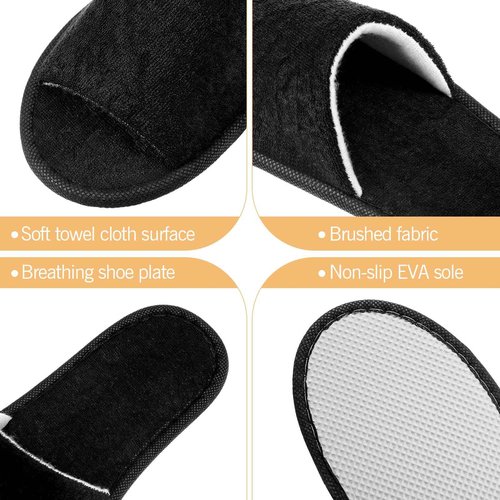 Silicherry 12 Pairs House Slippers for Guests Disposable Open Toe Spa Slippers Unisex Travel Slipper Bulk for Halloween Christmas Wedding Party(Black,M)