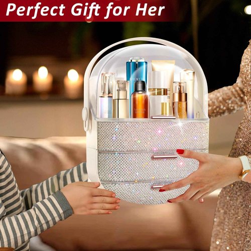 Ptesly Bling Makeup Organizer for Teen Girl Gift,Hollywood Vanity Makeup Storage Box for Girl Birthday Gift,Practical Gift for Daughter,Bathroom Organizer,Skincare Organizer (Rhinestone White)