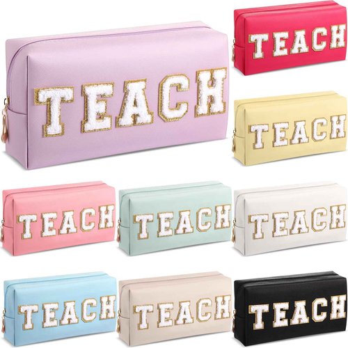 Chunful 9 Pieces Preppy Makeup Bag Bulk Chenille Letters Patch Cosmetic Bag PU Leather Waterproof Toiletry Travel Pencil Case Pouch for Women Traveling Purse (Colorful Color,Teach)