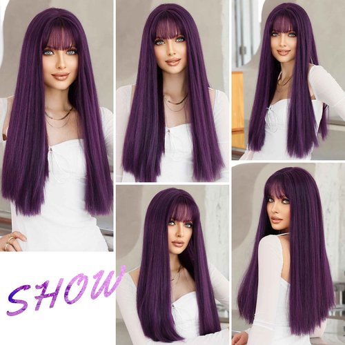 7JHH WIGS Dark Purple Wig With Bang For Women 23in Long Straight Synthetic Wig For Girl Emo Cosplay And Daily Use